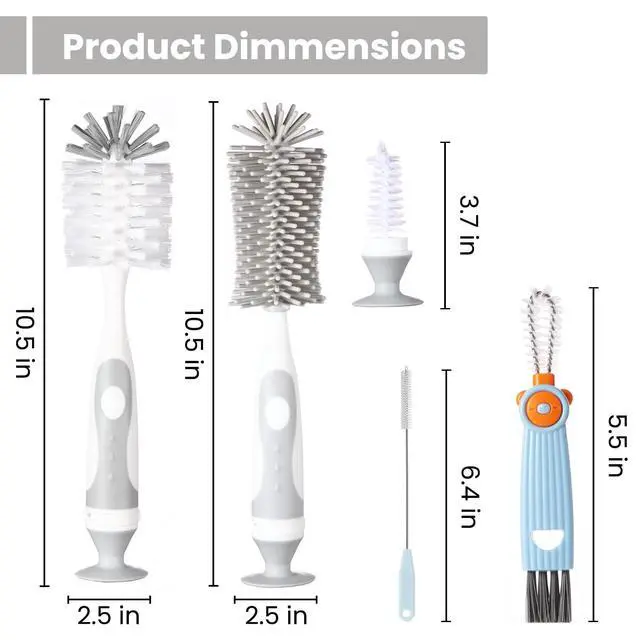 Alt view image 2 of 7 - Ariseno 5-in-1 Baby Bottle Cleaner Set, Including Nylon & Silicone Bottle Brush, Cap, Straw & Nipple Brushes, BPA-Free (Grey)
