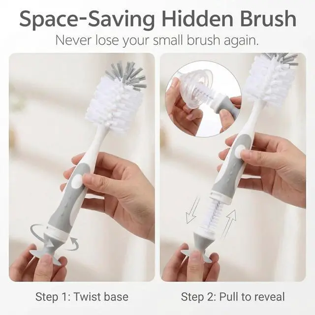 Alt view image 4 of 7 - Ariseno 5-in-1 Baby Bottle Cleaner Set, Including Nylon & Silicone Bottle Brush, Cap, Straw & Nipple Brushes, BPA-Free (Grey)