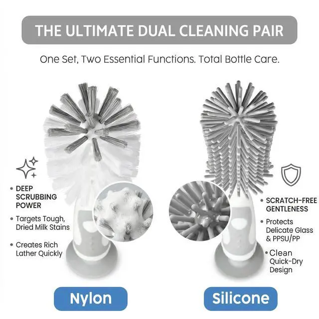 Alt view image 3 of 7 - Ariseno 5-in-1 Baby Bottle Cleaner Set, Including Nylon & Silicone Bottle Brush, Cap, Straw & Nipple Brushes, BPA-Free (Grey)