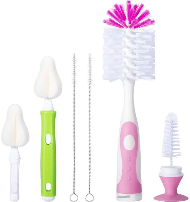 Main image of CAREBABYMORE Baby Bottle Brush with One Base Hidden Nylon Nipple Cleaner, 2 Pcs Sponge Nipple Brushes, 2 Pcs Straw Brushes, Bottle Brush with Nipple Cleaner and Suction Cup (Pink)