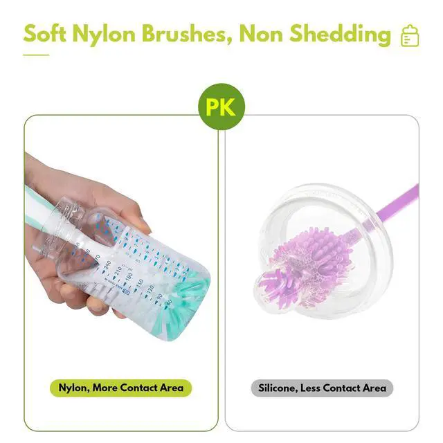 Alt view image 5 of 7 - CAREBABYMORE Baby Bottle Brush with One Base Hidden Nylon Nipple Cleaner, 2 Pcs Sponge Nipple Brushes, 2 Pcs Straw Brushes, Bottle Brush with Nipple Cleaner and Suction Cup (Pink)