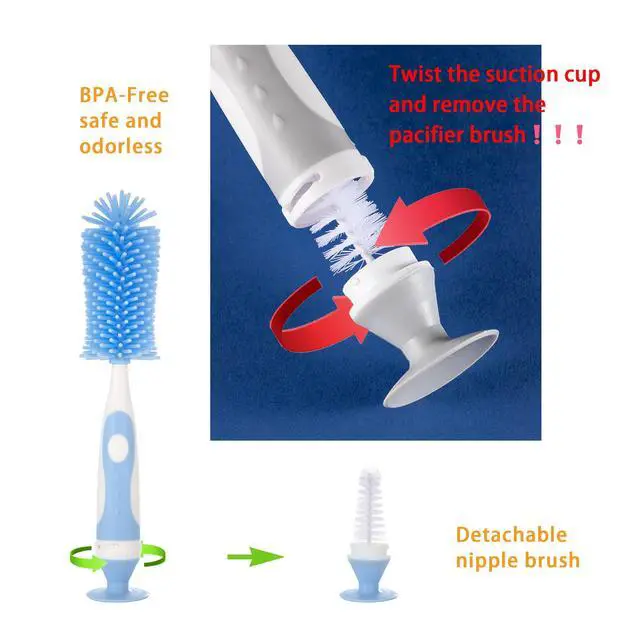 Alt view image 3 of 6 - Chemimoso Multifunctional Cleaning Brush, Baby Bottle Brush, Bottle Brush Cleaner, Rotate The Suction Cup to Obtain The Small Bristle Brushes, Set Z, Blue, Silicone and Nylon Brush