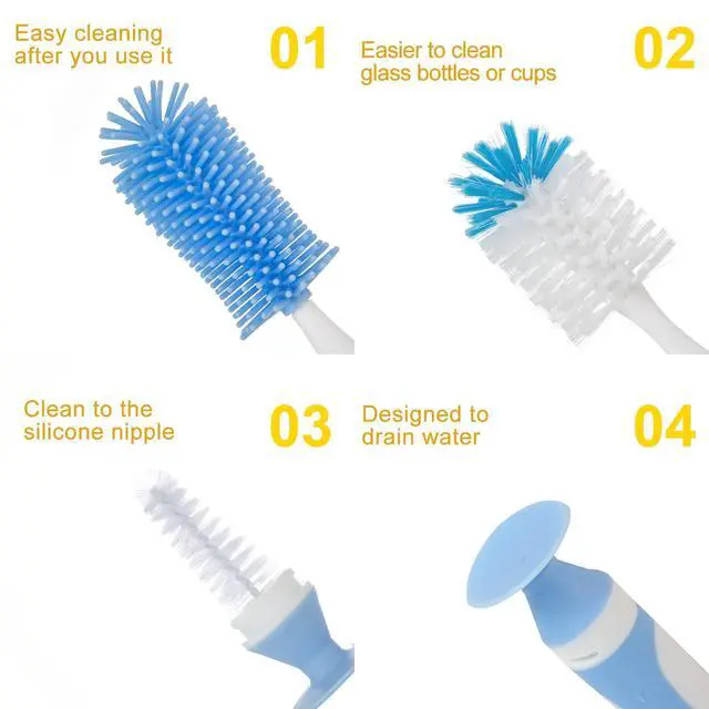 Alt view image 4 of 6 - Chemimoso Multifunctional Cleaning Brush, Baby Bottle Brush, Bottle Brush Cleaner, Rotate The Suction Cup to Obtain The Small Bristle Brushes, Set Z, Blue, Silicone and Nylon Brush