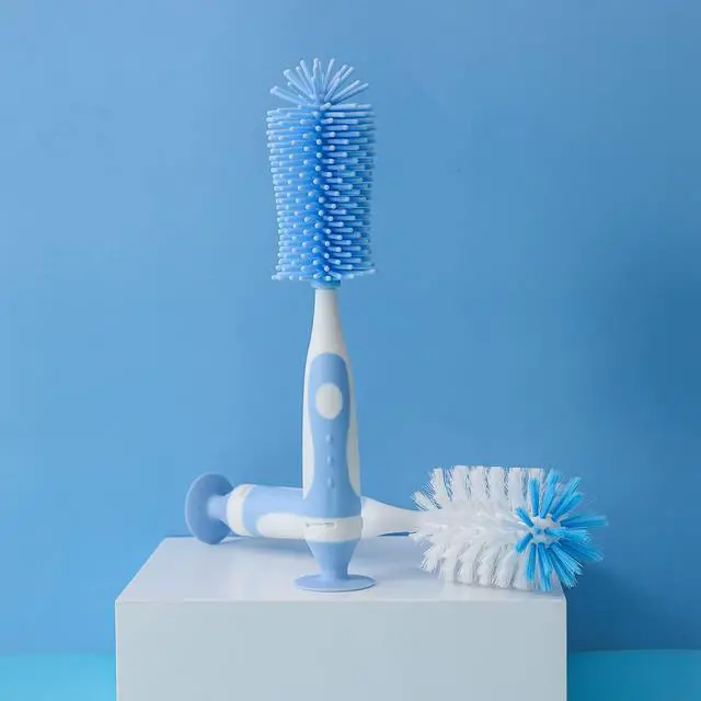 Alt view image 2 of 6 - Chemimoso Multifunctional Cleaning Brush, Baby Bottle Brush, Bottle Brush Cleaner, Rotate The Suction Cup to Obtain The Small Bristle Brushes, Set Z, Blue, Silicone and Nylon Brush
