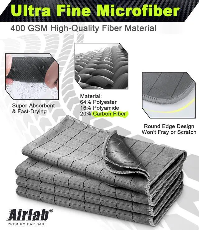 Alt view image 4 of 7 - Airlab Carbon Microfiber Towels for Car Drying Window Glass Cleaner Magic Cleaning Cloth Auto Detailing Car Wipes Lint Free Rags Large Towel Interior Detailer, Pack of 4, 20" x 16", Grey