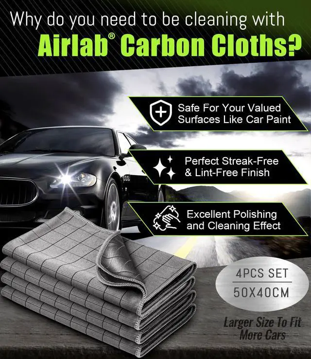 Alt view image 2 of 7 - Airlab Carbon Microfiber Towels for Car Drying Window Glass Cleaner Magic Cleaning Cloth Auto Detailing Car Wipes Lint Free Rags Large Towel Interior Detailer, Pack of 4, 20" x 16", Grey