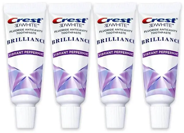 Main image of Crest 3D White Brilliance Toothpaste, Vibrant Peppermint, Travel Size 0.85 oz (24g) - Pack of 4