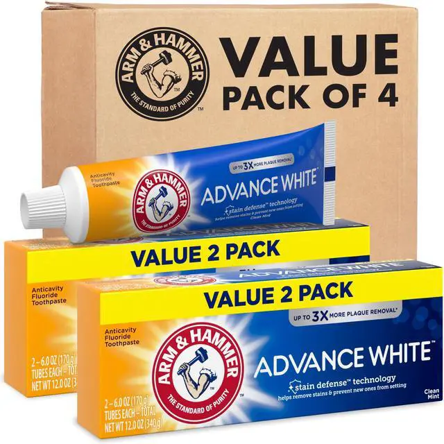 Main image of ARM & HAMMER Advance White Toothpaste, Teeth Whitening Baking Soda Toothpaste with Stain Defense Technology and Fluoride, Clean Mint Flavor, 6.0 Oz (4 Pack)