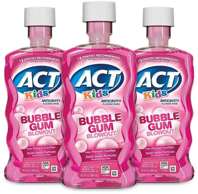Main image of ACT Kids Anticavity Fluoride Mouthwash, Sugar & Alcohol Free Mouth Rinse Strengthens Teeth, Bubble Gum Blowout, 16.9 fl. oz.(Pack of 3)
