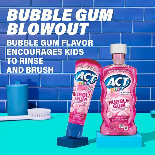 Alt view image 4 of 7 - ACT Kids Anticavity Fluoride Mouthwash, Sugar & Alcohol Free Mouth Rinse Strengthens Teeth, Bubble Gum Blowout, 16.9 fl. oz.(Pack of 3)