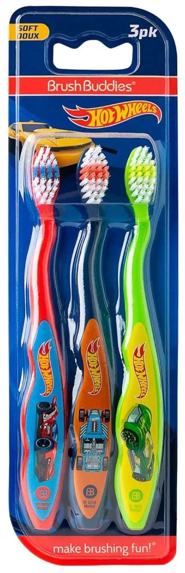 Main image of Brush Buddies Hot Wheels Manual Toothbrushes for Kids 3 Pack | Soft Bristled Children's Toothbrushes with Fun Multi-Colored Designs, Anti-Slip Grip Handles, Perfect for Toddlers, Home Use, or Travel