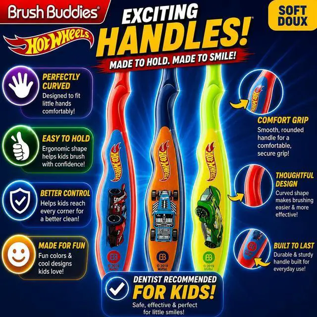 Alt view image 3 of 6 - Brush Buddies Hot Wheels Manual Toothbrushes for Kids 3 Pack | Soft Bristled Children's Toothbrushes with Fun Multi-Colored Designs, Anti-Slip Grip Handles, Perfect for Toddlers, Home Use, or Travel