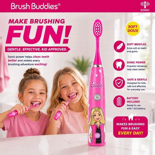 Alt view image 2 of 7 - Brush Buddies Barbie Battery Operated Electric Toothbrush for Kids Soft Bristles & Sonic Power Perfect for Boys, Girls, and Childrens Oral Hygiene