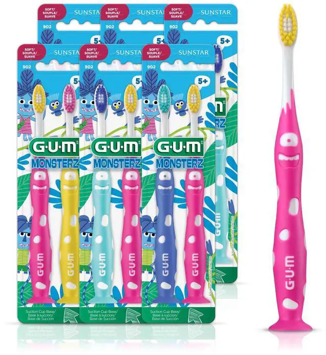 Main image of GUM Monsterz Jr Kids Toothbrush, Soft Bristles with Suction Cup Base, Ages 5+, 2 Count (Pack of 6)