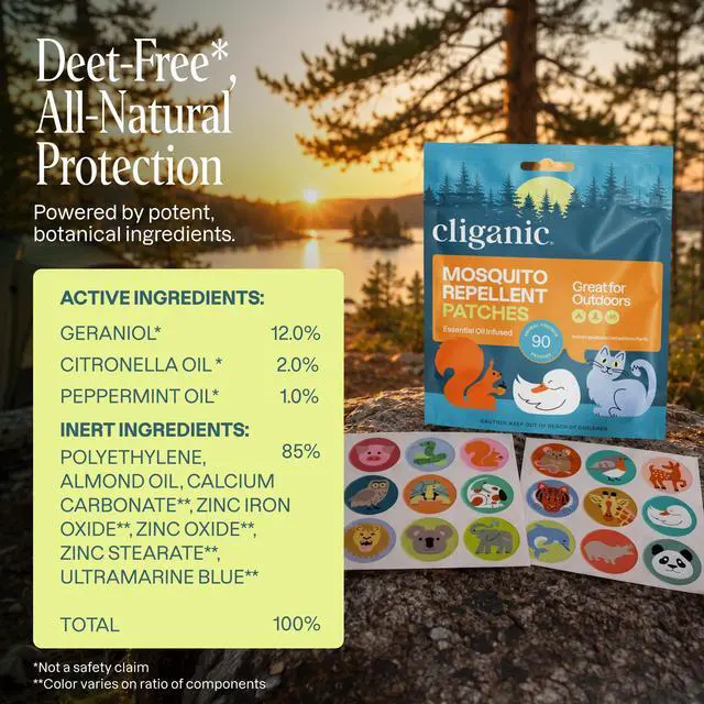 Alt view image 4 of 7 - Cliganic Mosquito Repellent Stickers for Kids & Adults (90 Pack) - Animal Patches, Natural DEET-Free, Essential Oil Infused, Insect Repelling Garments
