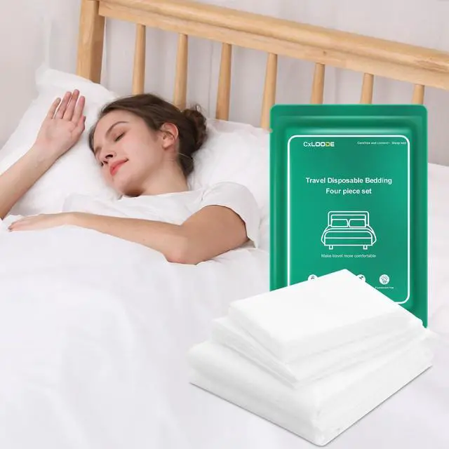 Main image of 4 PCS Disposable Bed Sheet Queen Size, Travel Sheet for Hotel, Disposable Sheet for Travel Bedding Cover Portable Sheet with 1 Quilt Cover, 1 Sheet and 2 Pillowcase for Travel Business Trip Spa Hotel