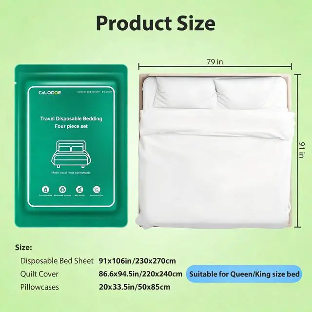 Alt view image 2 of 7 - 4 PCS Disposable Bed Sheet Queen Size, Travel Sheet for Hotel, Disposable Sheet for Travel Bedding Cover Portable Sheet with 1 Quilt Cover, 1 Sheet and 2 Pillowcase for Travel Business Trip Spa Hotel