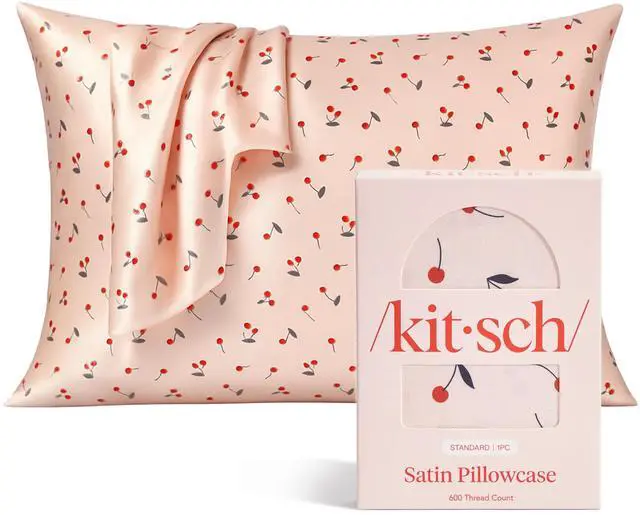 Main image of Kitsch Satin Pillowcase with Zipper for Hair & Skin - Softer Than Silk Pillow Cases, Smooth Cooling Satin Pillow Case, Wrinkle-Free, Machine Washable, Pillow Cases Standard Size 19x26 - Cherry Print