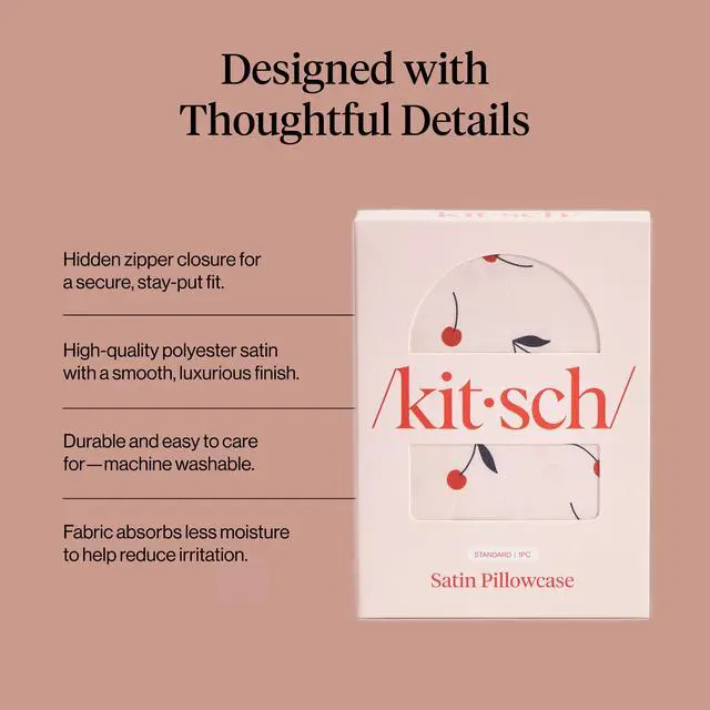Alt view image 3 of 7 - Kitsch Satin Pillowcase with Zipper for Hair & Skin - Softer Than Silk Pillow Cases, Smooth Cooling Satin Pillow Case, Wrinkle-Free, Machine Washable, Pillow Cases Standard Size 19x26 - Cherry Print