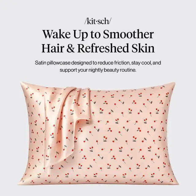 Alt view image 2 of 7 - Kitsch Satin Pillowcase with Zipper for Hair & Skin - Softer Than Silk Pillow Cases, Smooth Cooling Satin Pillow Case, Wrinkle-Free, Machine Washable, Pillow Cases Standard Size 19x26 - Cherry Print