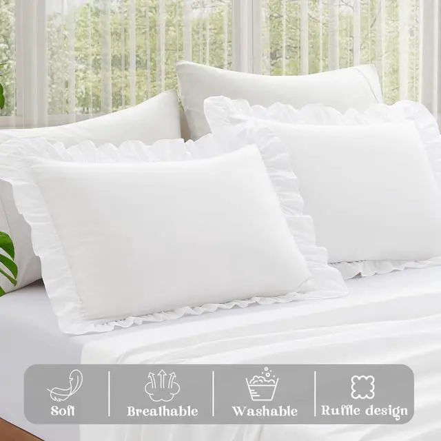 Alt view image 4 of 7 - KKJIAF Ruffle Pillow Cases Standard Size Set of 2, Ruffled Pillow Covers with Envelope Closure, Wrinkle Resistant Pillowcases 20" x 26", Ruffled Pillow Shams, White