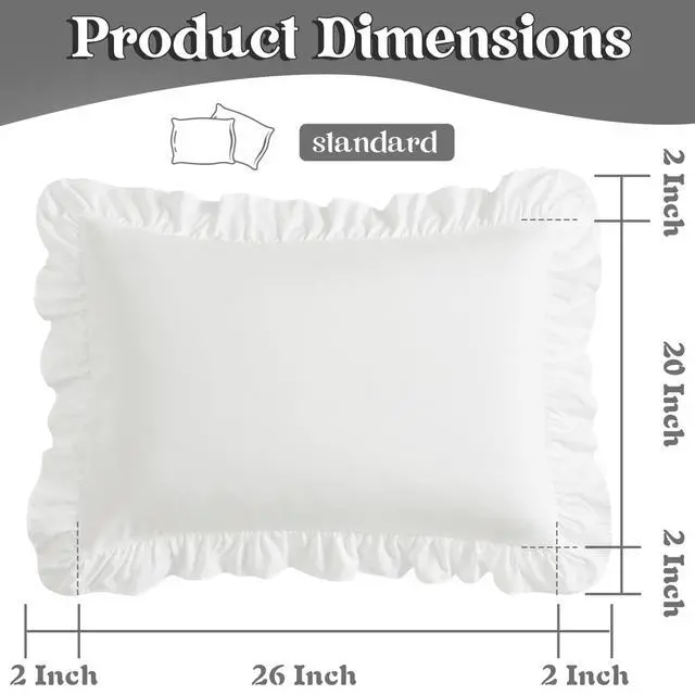 Alt view image 3 of 7 - KKJIAF Ruffle Pillow Cases Standard Size Set of 2, Ruffled Pillow Covers with Envelope Closure, Wrinkle Resistant Pillowcases 20" x 26", Ruffled Pillow Shams, White