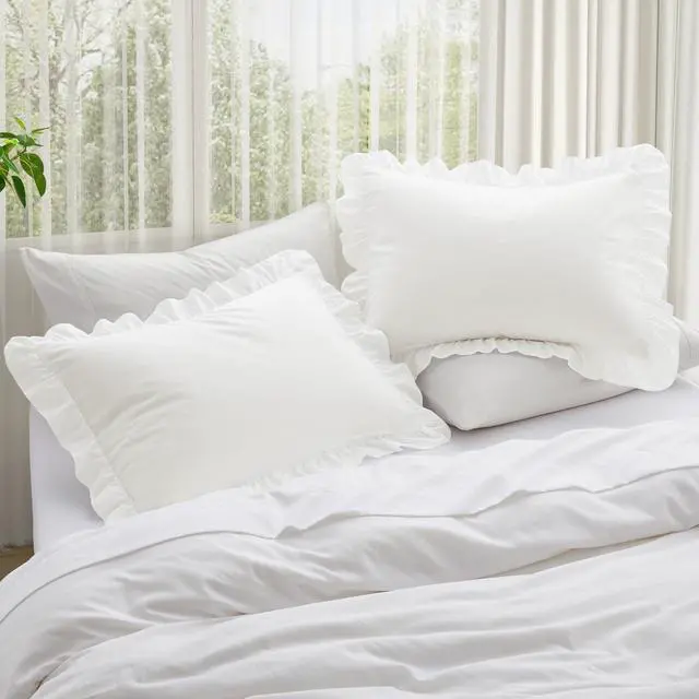 Alt view image 2 of 7 - KKJIAF Ruffle Pillow Cases Standard Size Set of 2, Ruffled Pillow Covers with Envelope Closure, Wrinkle Resistant Pillowcases 20" x 26", Ruffled Pillow Shams, White