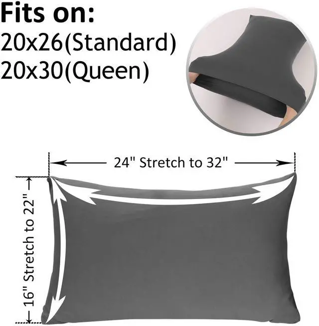 Alt view image 3 of 5 - 2-Pack Stretch Pillow Cases Standard Size - Jersey Knit & Ultra Soft Envelope Closure, T-Shirt Like Poly Blend - Suitable for Queen or Standard Size Set of 2, Dark Gray