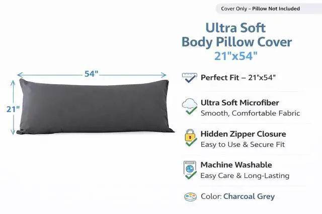 Alt view image 2 of 7 - EVOLIVE Ultra Soft Microfiber Body Pillow Cover/Pillowcases 21"x54" with Hidden Zipper Closure (21"x54" Body Pillow Cover, Charcoal Grey)