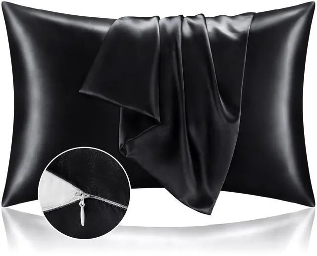 Main image of BEDELITE Satin Pillowcase with Zipper 2 Pack, Black Pillow Cases Standard Size, Super Soft and Cooling Similar to Silk Pillow Cases, Gift for Women Men(20x26 Inches)