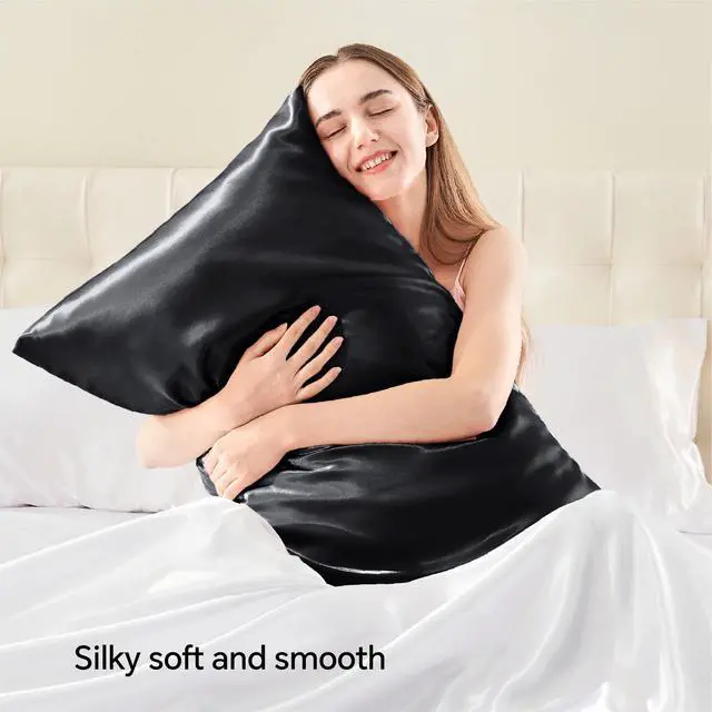 Alt view image 2 of 6 - BEDELITE Satin Pillowcase with Zipper 2 Pack, Black Pillow Cases Standard Size, Super Soft and Cooling Similar to Silk Pillow Cases, Gift for Women Men(20x26 Inches)