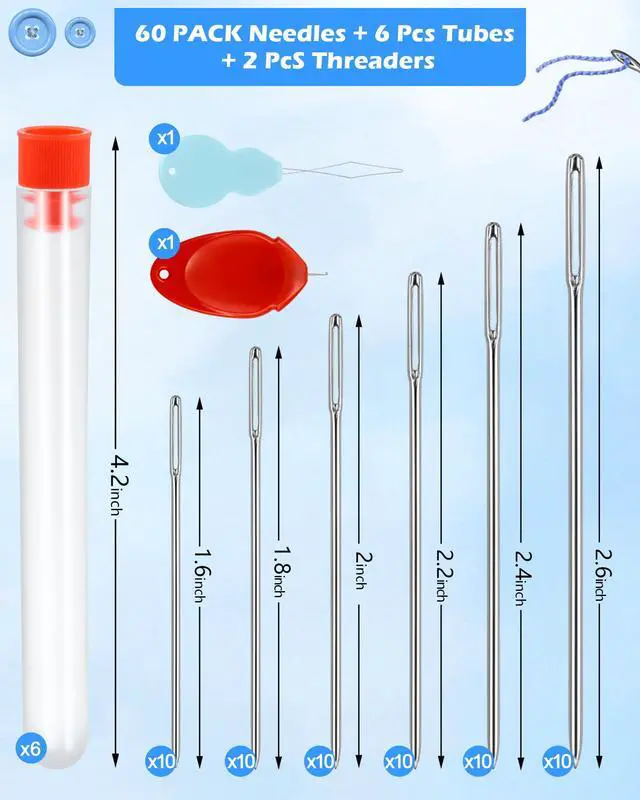 Alt view image 2 of 6 - FIVEIZERO 60 PCS Steel Needles for Hand Sewing, Large Eye Sewing Needles Set with 6 Sizes, Stainless Steel Hand Quilting & Leather Embroidery Needles Includes Threaders for Arts & Crafts