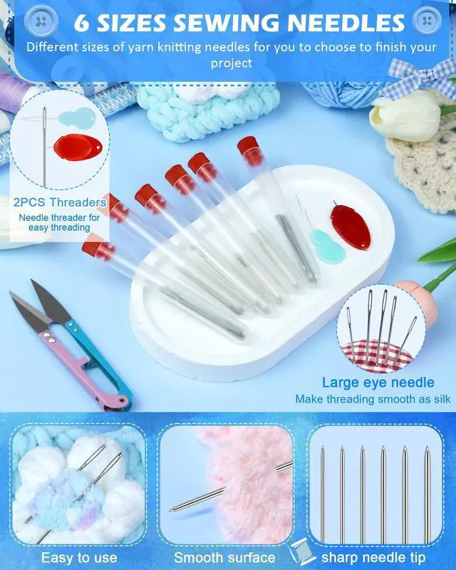 Alt view image 3 of 6 - FIVEIZERO 60 PCS Steel Needles for Hand Sewing, Large Eye Sewing Needles Set with 6 Sizes, Stainless Steel Hand Quilting & Leather Embroidery Needles Includes Threaders for Arts & Crafts