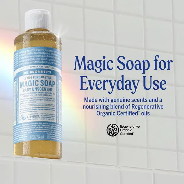 Alt view image 2 of 7 - Dr. Bronner's Pure-Castile Magic Liquid Soap (Baby Unscented, 8 Ounce)- Made with Regenerative Organic Certified Oils, For Face, Body Wash, Baby Soap, Sensitive Skin, No Added Fragrance, Vegan