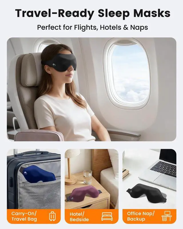 Alt view image 7 of 7 - 3 Pack Sleep Masks for Women Men: Zero Eye Pressure Airplane Travel Essentials - 100% Blackout Eye Masks for Sleeping - Side Sleep Comfort Cover for Lash Extensions