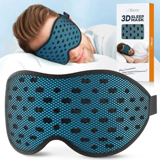 Main image of LitBear Breathable Sleep Mask, 3D Eye Mask Sleep for Side Sleepers Women Men, Light Blocking Sleeping Mask with Adjustable Strap, Soft Lightweight Eye Cover for Travel, Night Work, Nap, Office - Blue