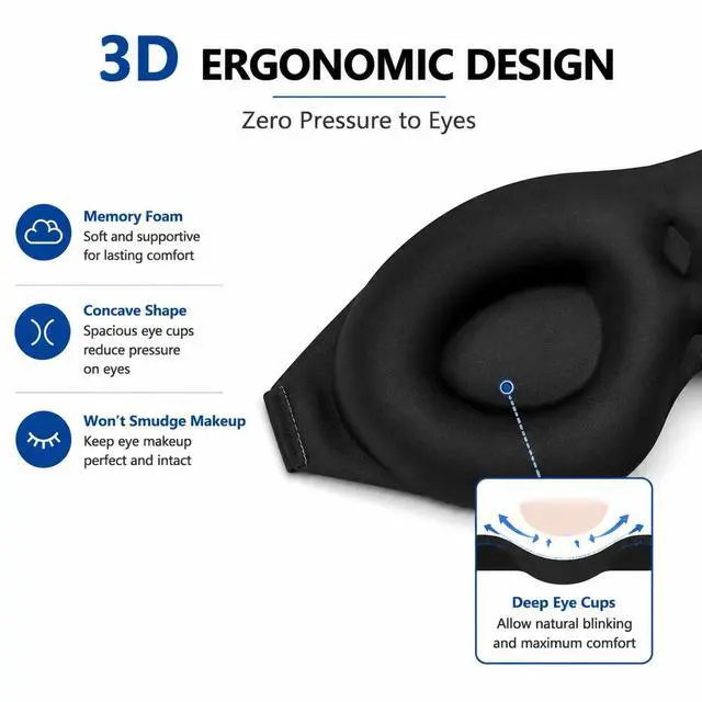 Alt view image 4 of 7 - ALASKA BEAR Sleep Mask Memory Foam Contoured Eye Cups for Women and Men, Soft 3D Blackout Eye Mask for Sleeping No Pressure on Eyelids and Eyelashes Protection, Earplugs Set, Black