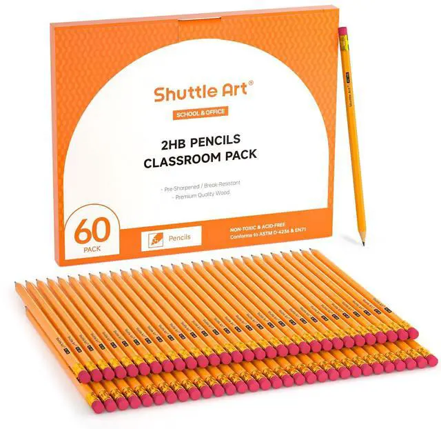 Main image of Shuttle Art 60 Pack Pencils, #2 HB, Pre-sharpened Pencils with Top Erasers, Premium Woodcased Yellow Pencil Bulk for Classroom & School Supplies, Writing and Drawing