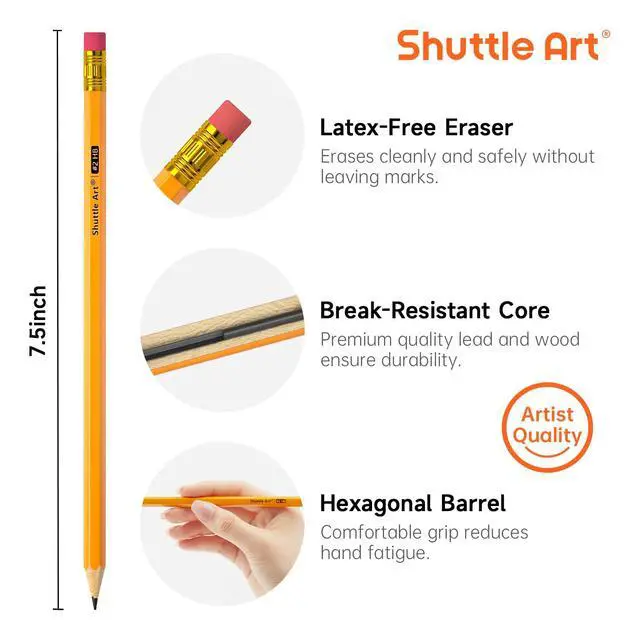 Alt view image 3 of 7 - Shuttle Art 60 Pack Pencils, #2 HB, Pre-sharpened Pencils with Top Erasers, Premium Woodcased Yellow Pencil Bulk for Classroom & School Supplies, Writing and Drawing