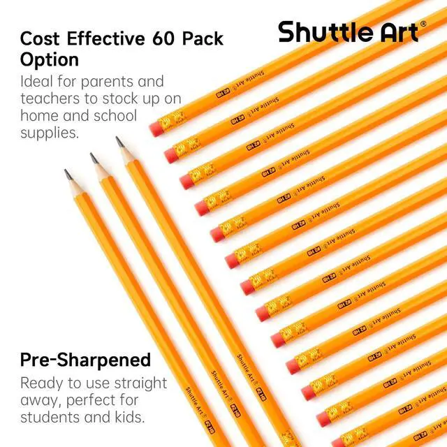 Alt view image 2 of 7 - Shuttle Art 60 Pack Pencils, #2 HB, Pre-sharpened Pencils with Top Erasers, Premium Woodcased Yellow Pencil Bulk for Classroom & School Supplies, Writing and Drawing