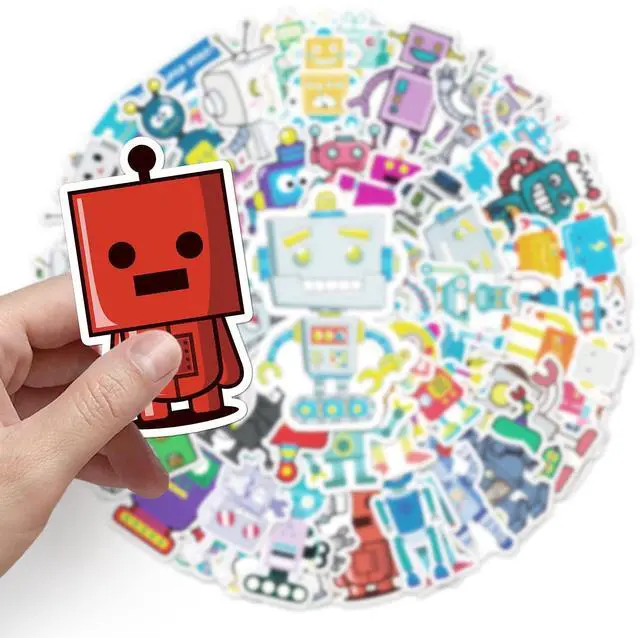 Alt view image 2 of 7 - 50 Pcs Cartoon Robot Stickers - Fun Robot Characters Designs, Premium PVC, Removable & Reusable, for Kids, Robots Lovers & Decoration (Robots)