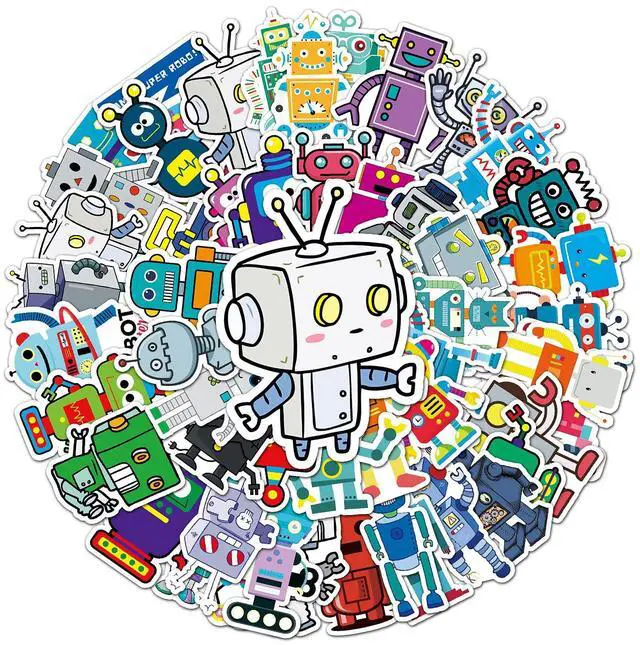 Main image of 50 Pcs Cartoon Robot Stickers - Fun Robot Characters Designs, Premium PVC, Removable & Reusable, for Kids, Robots Lovers & Decoration (Robots)