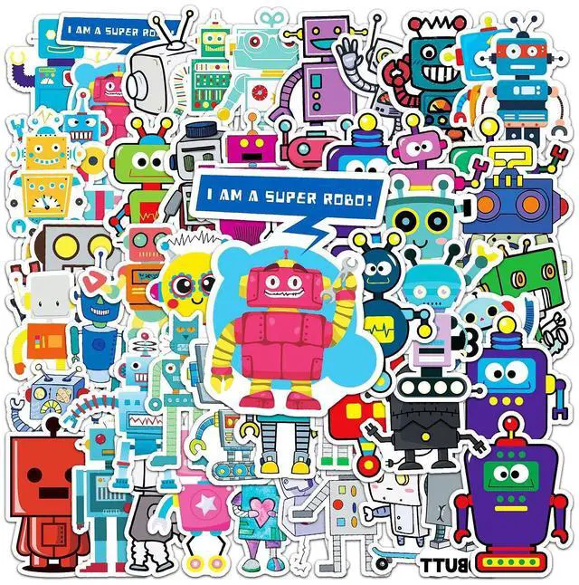 Alt view image 3 of 7 - 50 Pcs Cartoon Robot Stickers - Fun Robot Characters Designs, Premium PVC, Removable & Reusable, for Kids, Robots Lovers & Decoration (Robots)