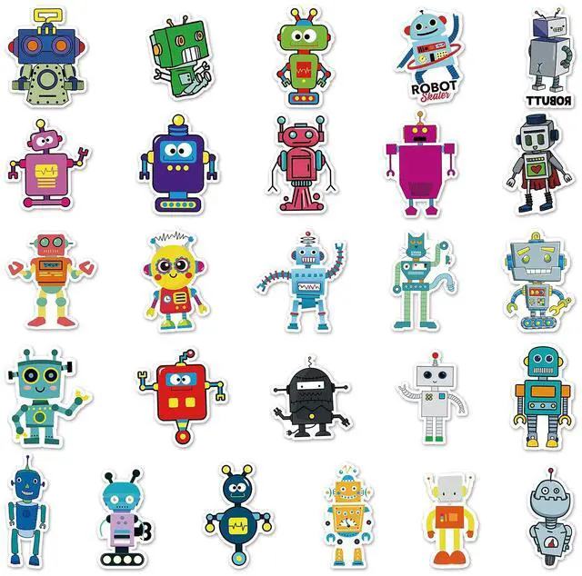 Alt view image 7 of 7 - 50 Pcs Cartoon Robot Stickers - Fun Robot Characters Designs, Premium PVC, Removable & Reusable, for Kids, Robots Lovers & Decoration (Robots)