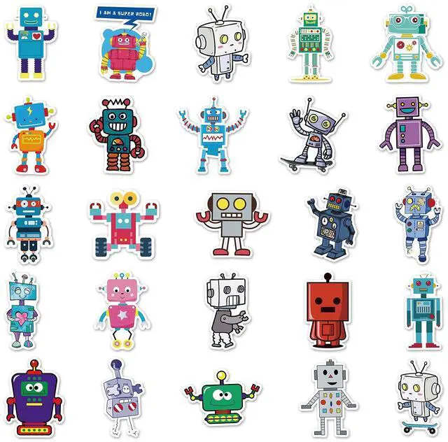 Alt view image 6 of 7 - 50 Pcs Cartoon Robot Stickers - Fun Robot Characters Designs, Premium PVC, Removable & Reusable, for Kids, Robots Lovers & Decoration (Robots)