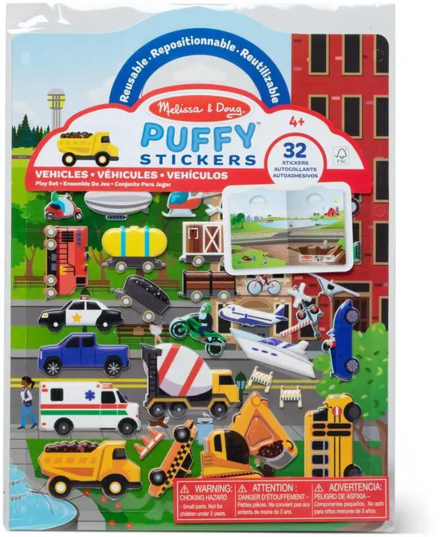 Main image of Melissa & Doug Vehicles Puffy Sticker Play Set Travel Toy with Double-Sided Background, 32 Reusable Puffy Stickers