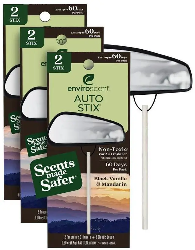 Main image of Enviroscent Non-Toxic* Car Air Freshener Auto Stix® - Scents Made Safer - Enjoy Fragrance Lasts Up to 180 Days - Includes Auto Stix® Diffusers & Elastic Loops - Black Vanilla & Mandarin (Pack of 3)