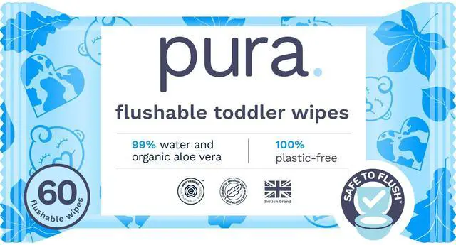 Main image of Pura Flushable Toddler Wipes 1 x 60 Wipes, 100% Plastic Free, 99% Water, Hypoallergenic & Fragrance Free, Totally Chlorine Free, Kids Toilet Wipes, Sensitive Skin