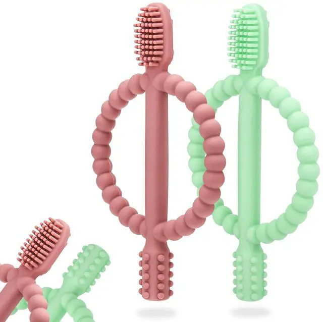 Main image of Baby Teething Toys with Easy-Hold Handle, Silicone Infant Toothbrush, Textured On Both Sides Helps Massage, Soothe Sore Gums, Teething Toys for Babies 0-6 Months, 6-12 Months Bright Green & Caramel