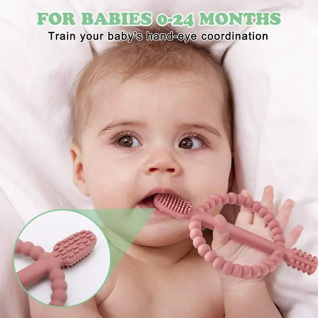 Alt view image 2 of 7 - Baby Teething Toys with Easy-Hold Handle, Silicone Infant Toothbrush, Textured On Both Sides Helps Massage, Soothe Sore Gums, Teething Toys for Babies 0-6 Months, 6-12 Months Bright Green & Caramel